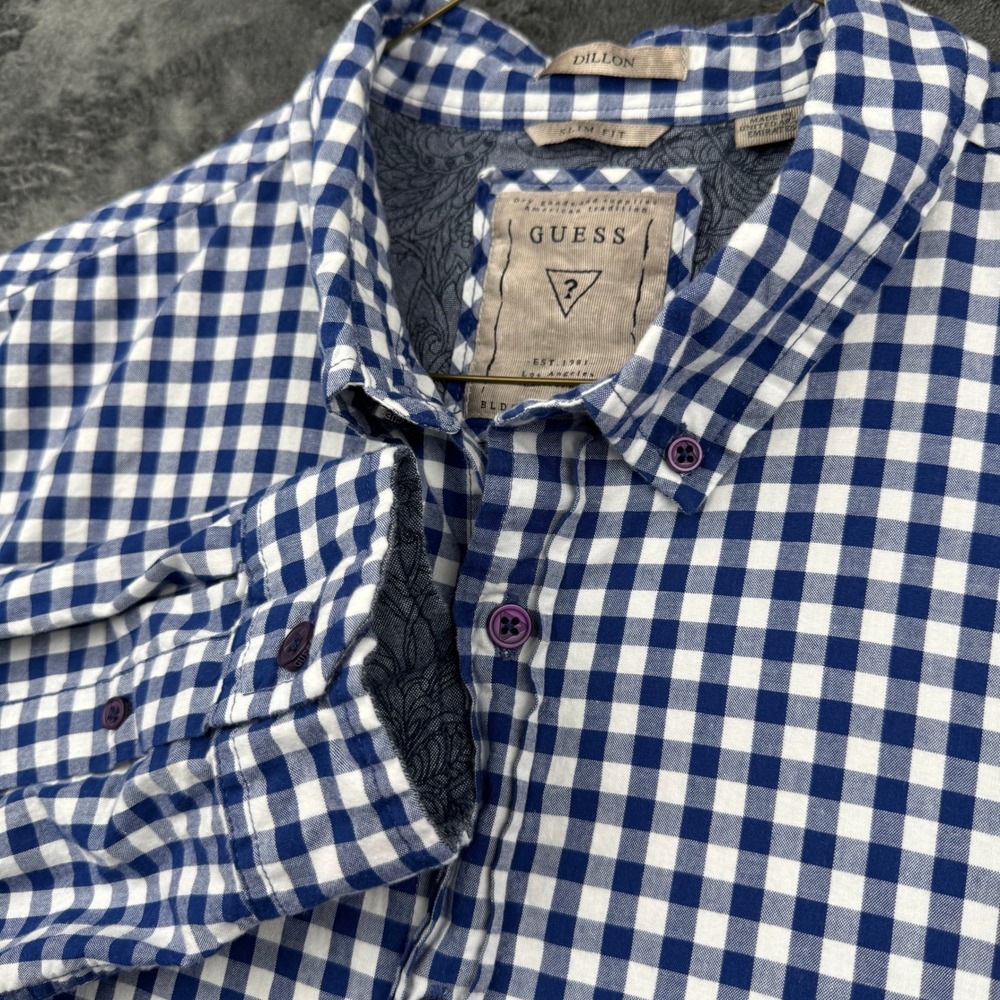 Vintage Guess Button Down Shirt Mens XL Dillon Slim Fit Blue Gingham Plaid